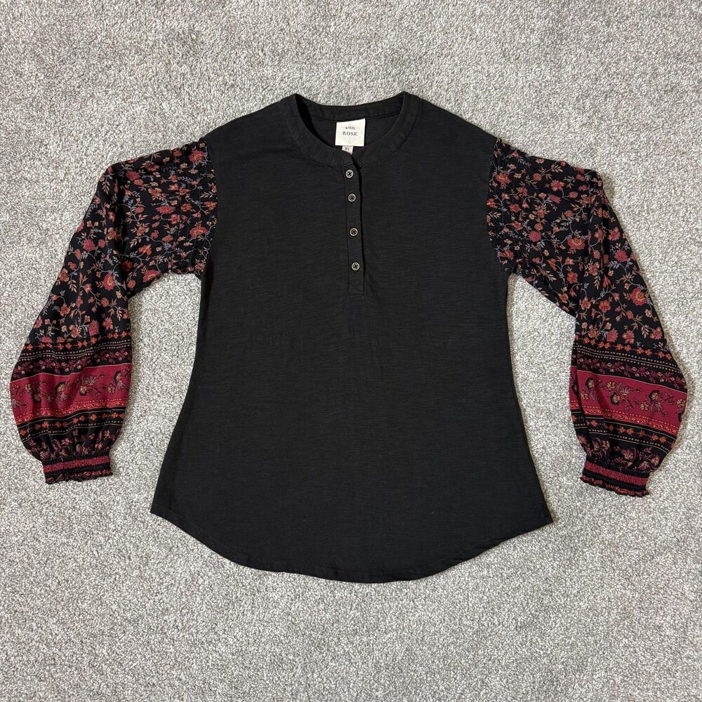Knox Rose Shirt Womens XS Black Floral Boho Mixed Media Henley Hippie Western